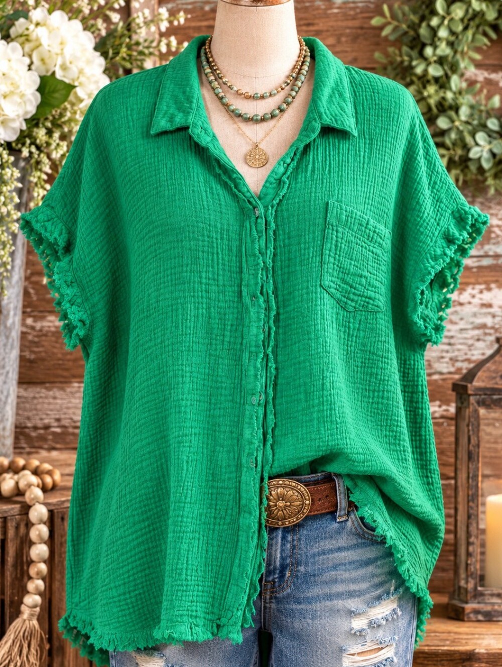 Umgee Emerald Green Cotton Gauze Raw Edge Button Down Top 1XL